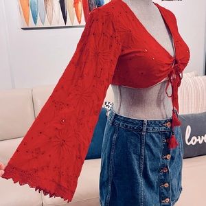 Forever 21 Red Eyelet Tie Front Shirt With Long Bell Sleeves - Size L